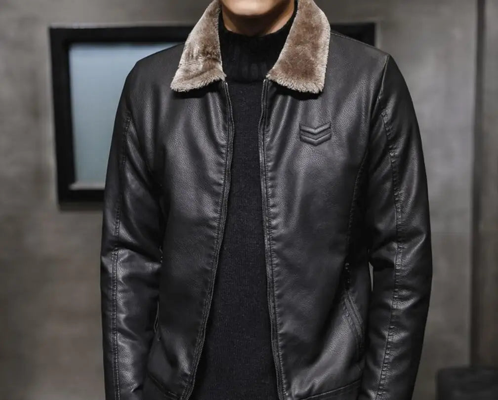 Men's Thick Faux Fur Collar Leather Jacket