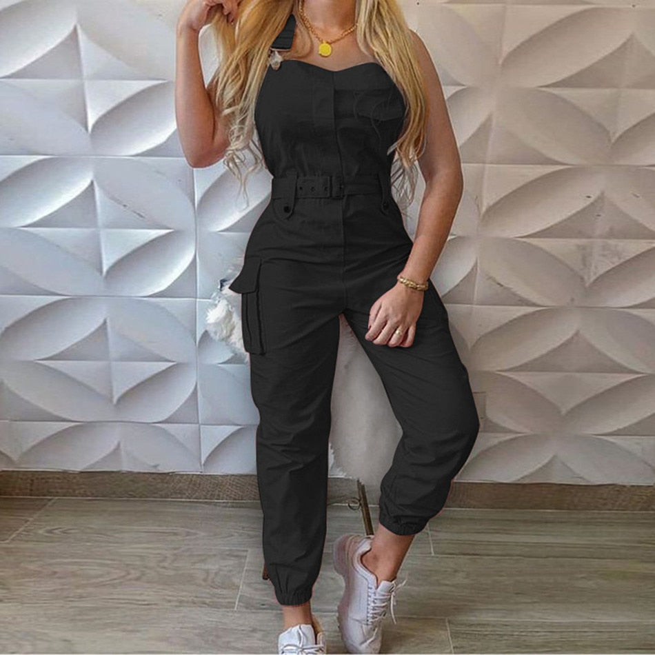 Women Solid Color Cargo Jumpsuit with Waistband Square Collar