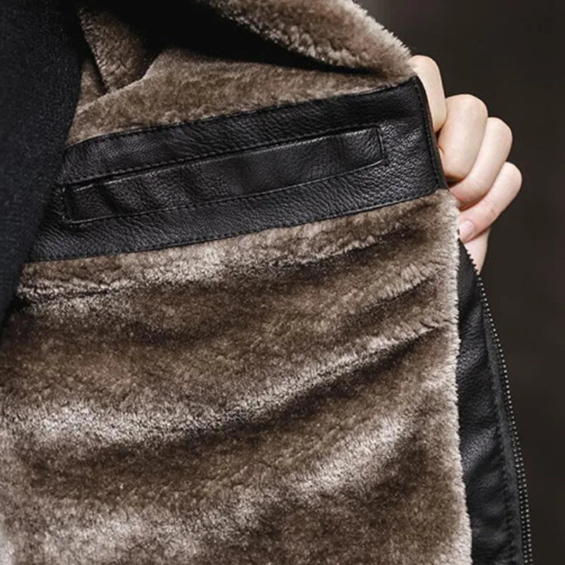 Men's Thick Faux Fur Collar Leather Jacket