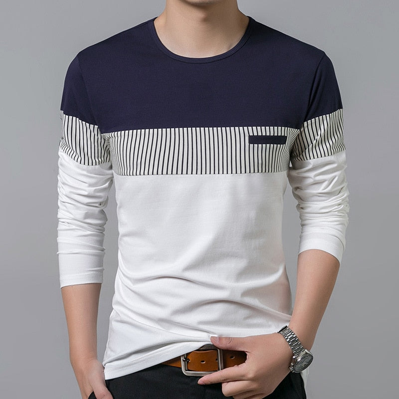 Men's Casual Patchwork Stripe Long Sleeve Shirt