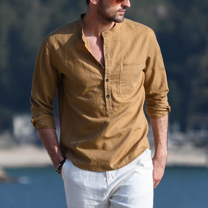 Men's Casual Stand Collar Solid Color Long Sleeve Shirt