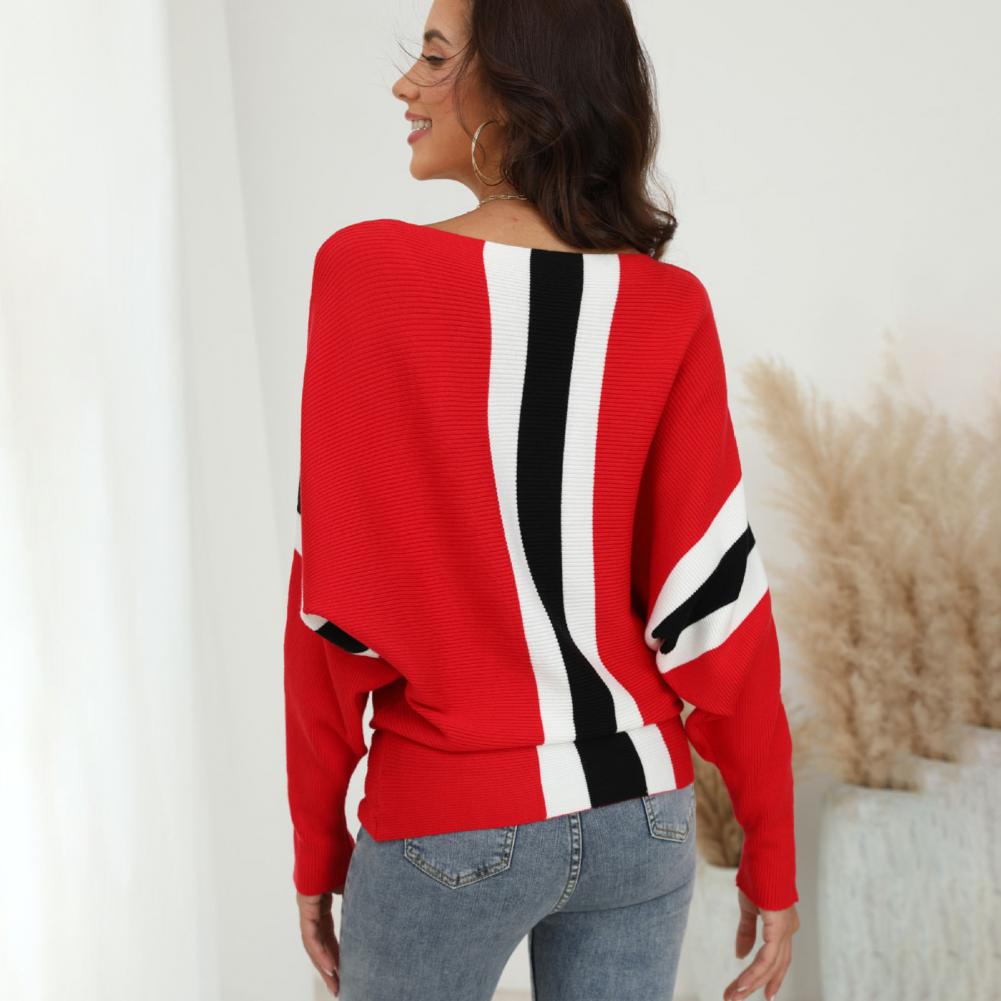 Women's Striped Print Boat Neck Knitted Sweater