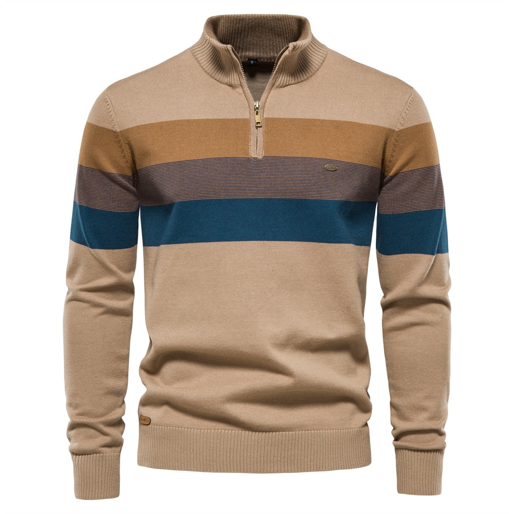Men's Patchwork Pullover Cotton Zipper Neck Sweater