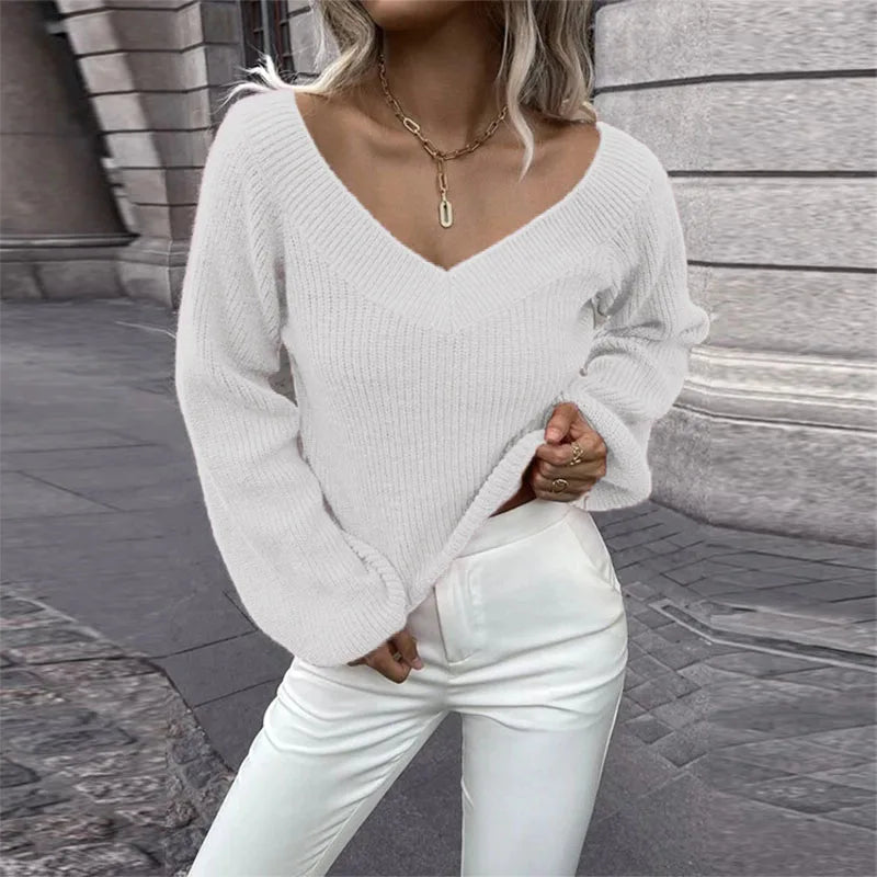 Women's Casual Long Sleeve Knitted V-Neck Sweater