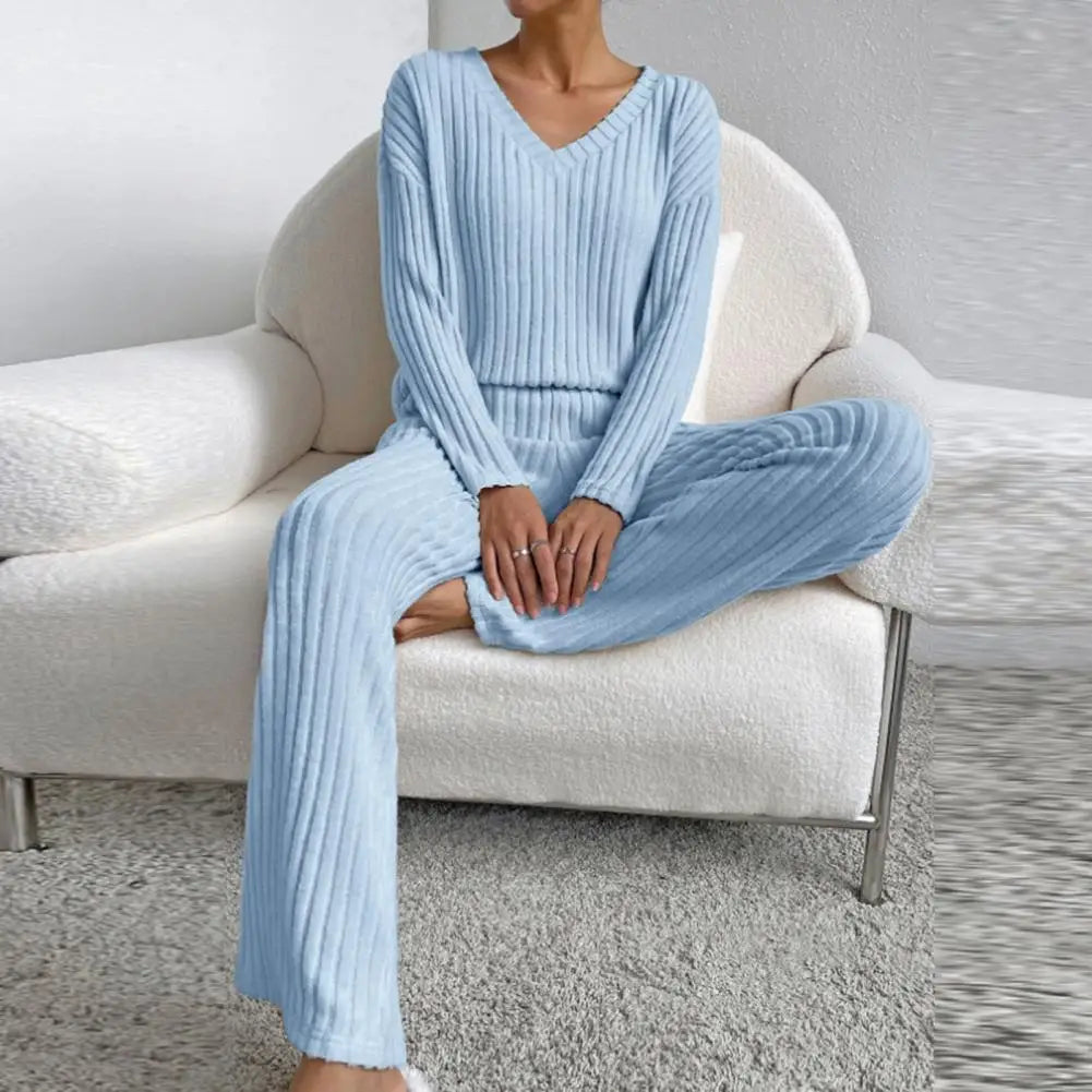 Women's V-Neck Solid Color Knitted Pajamas Set