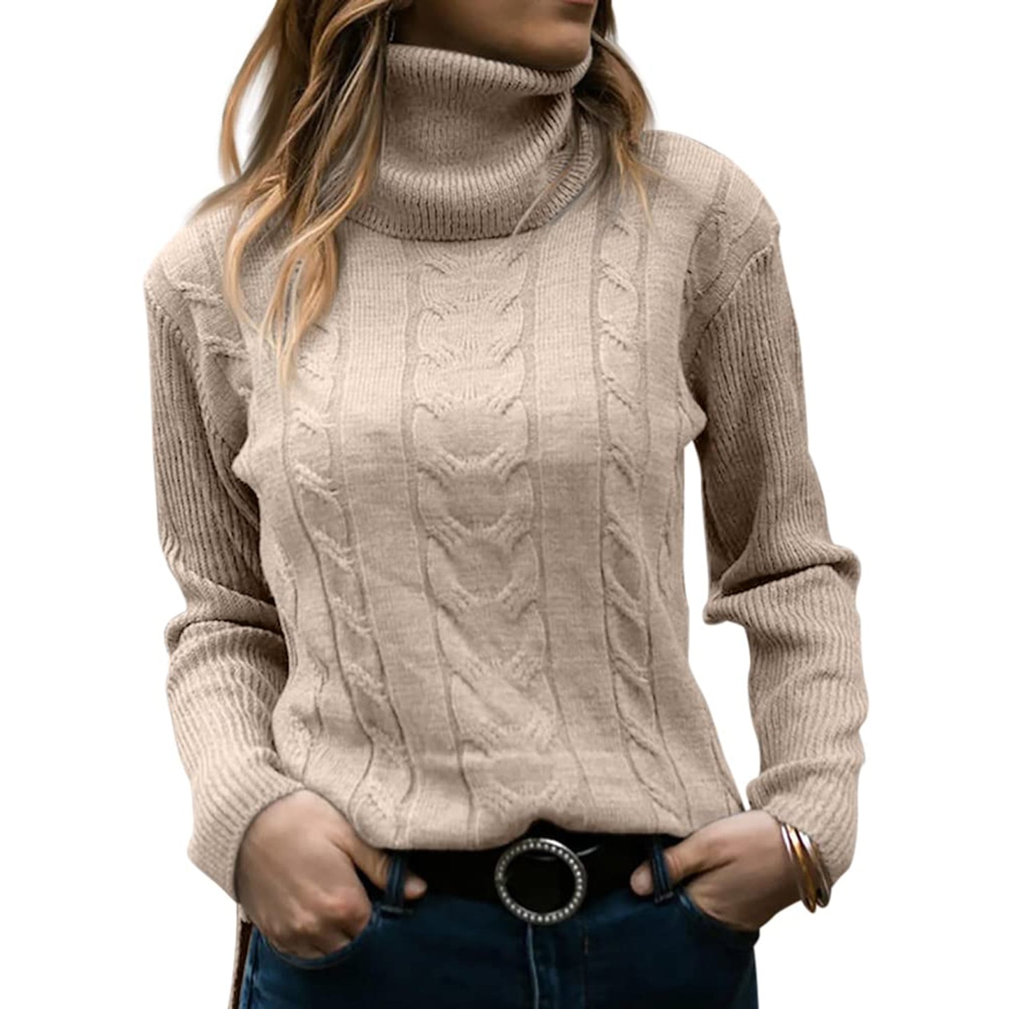 Women's Turtleneck Long Sleeve Cable Knit Sweater