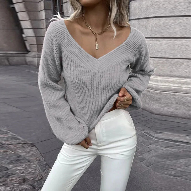Women's Casual Long Sleeve Knitted V-Neck Sweater