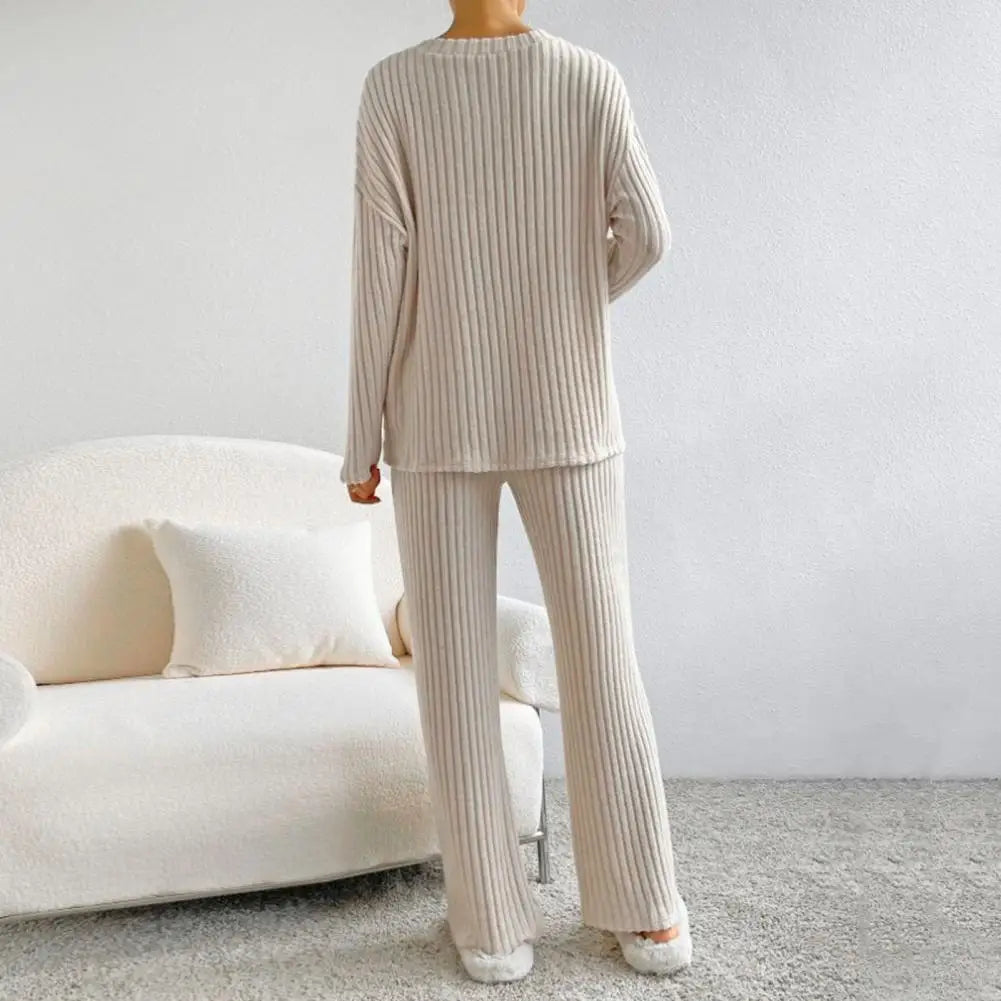 Women's V-Neck Solid Color Knitted Pajamas Set
