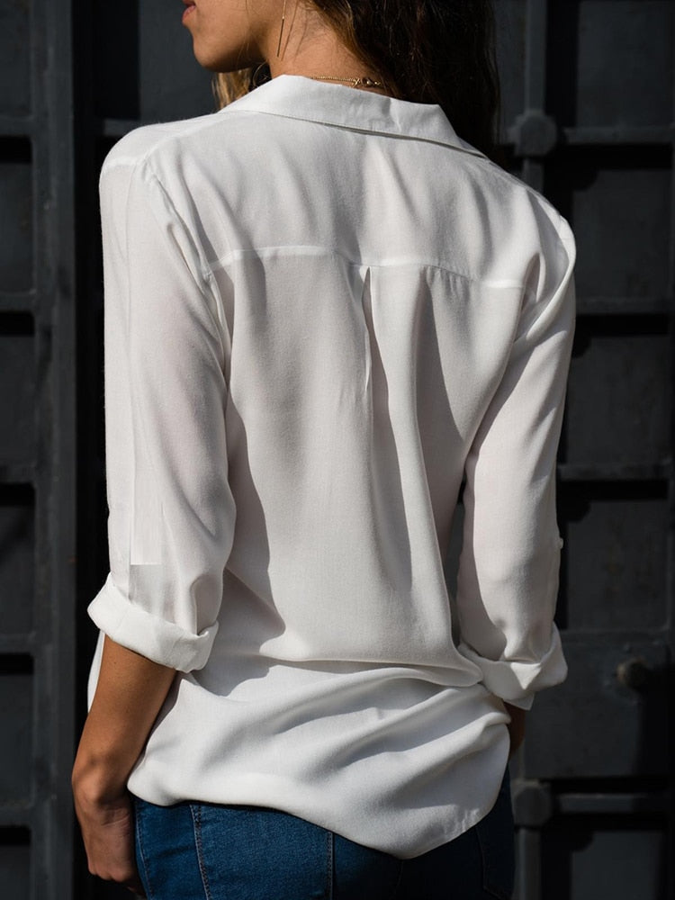 Women's Casual Solid Chiffon Long Sleeve Blouse