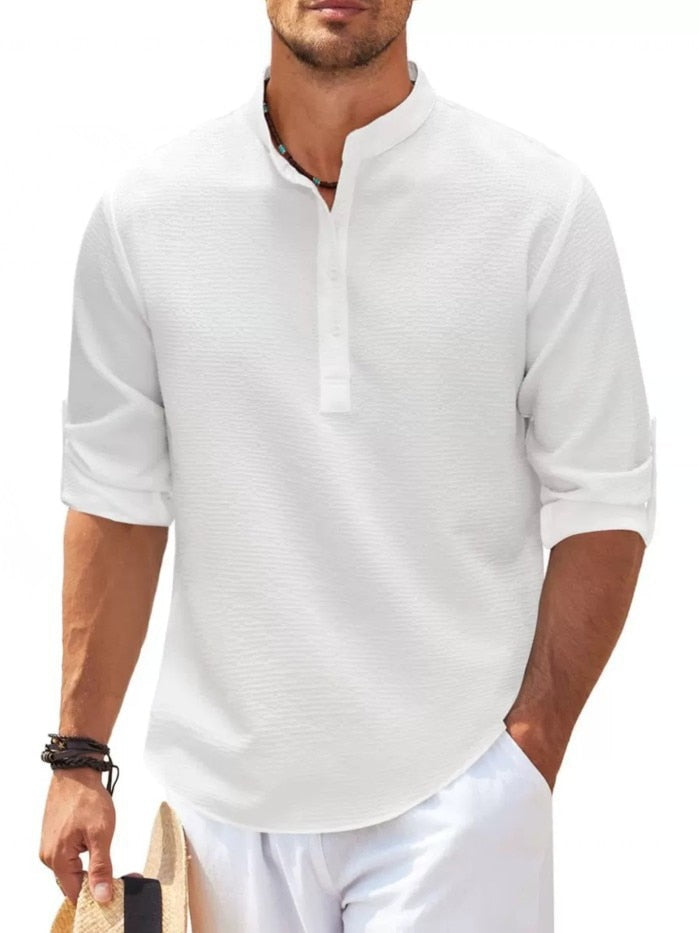 Men's Casual Stand-Up Collar Long-Sleeve Linen Shirt