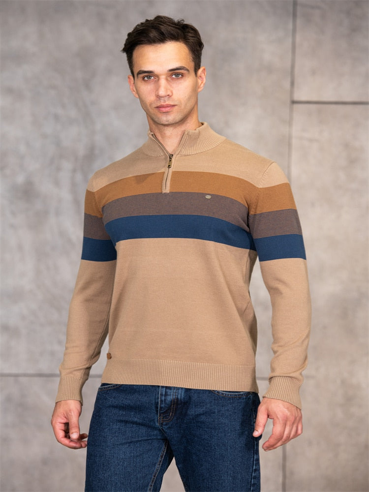 Men's Patchwork Pullover Cotton Zipper Neck Sweater
