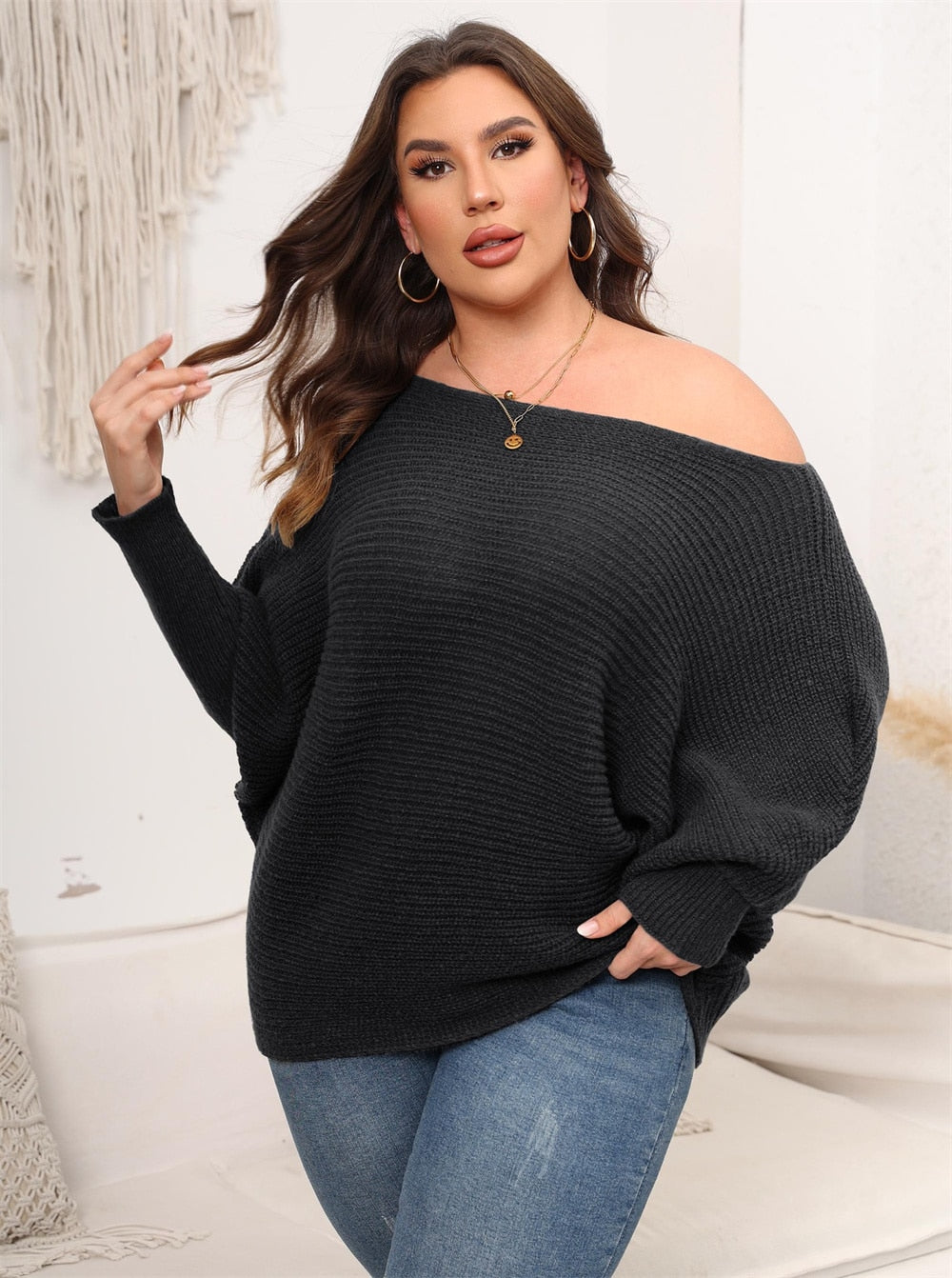 Women's Casual Off Shoulder Batwing Knitted Sweater