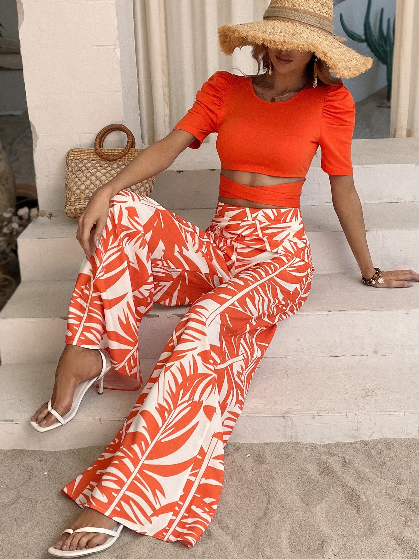 orange Solid Tie Back Tee & Tropical Print Wide Leg Pants