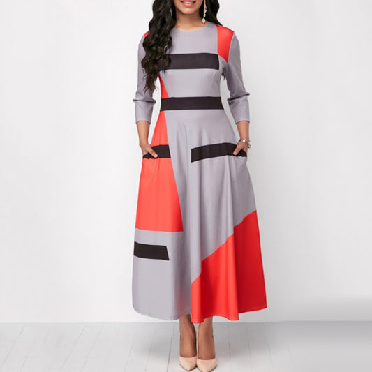 Women Color Block Striped 3/4 Sleeve O-Neck Slim Maxi Dress