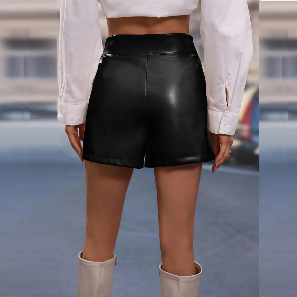 Women PU Leather Mid Waist Loose Shorts