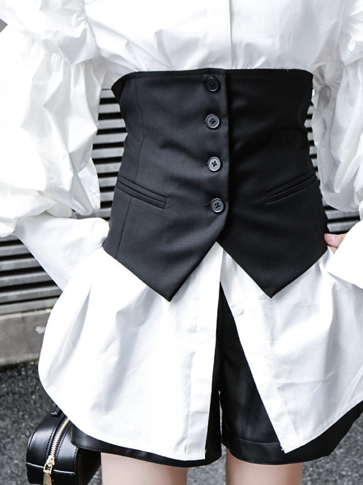 Women's Black Button Split Joint Asymmetrical Loose Fit Vest