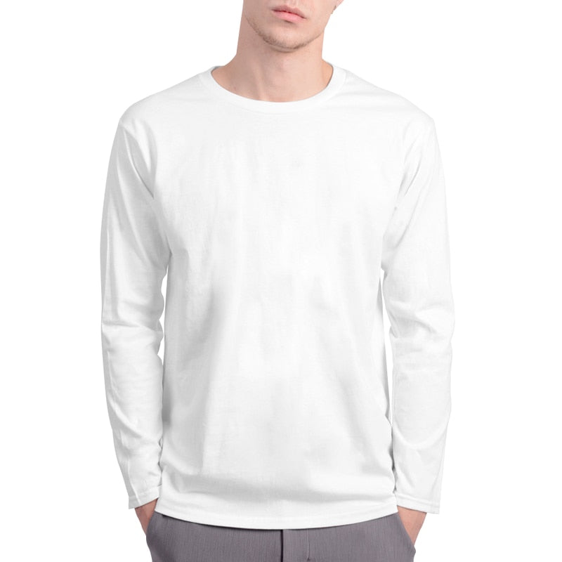 Men's Casual White O-Neck Cotton Long Sleeve Shirt