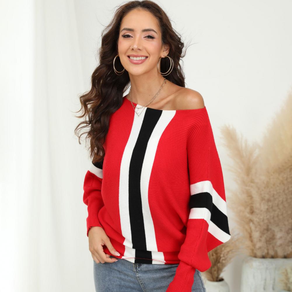 Women's Striped Print Boat Neck Knitted Sweater
