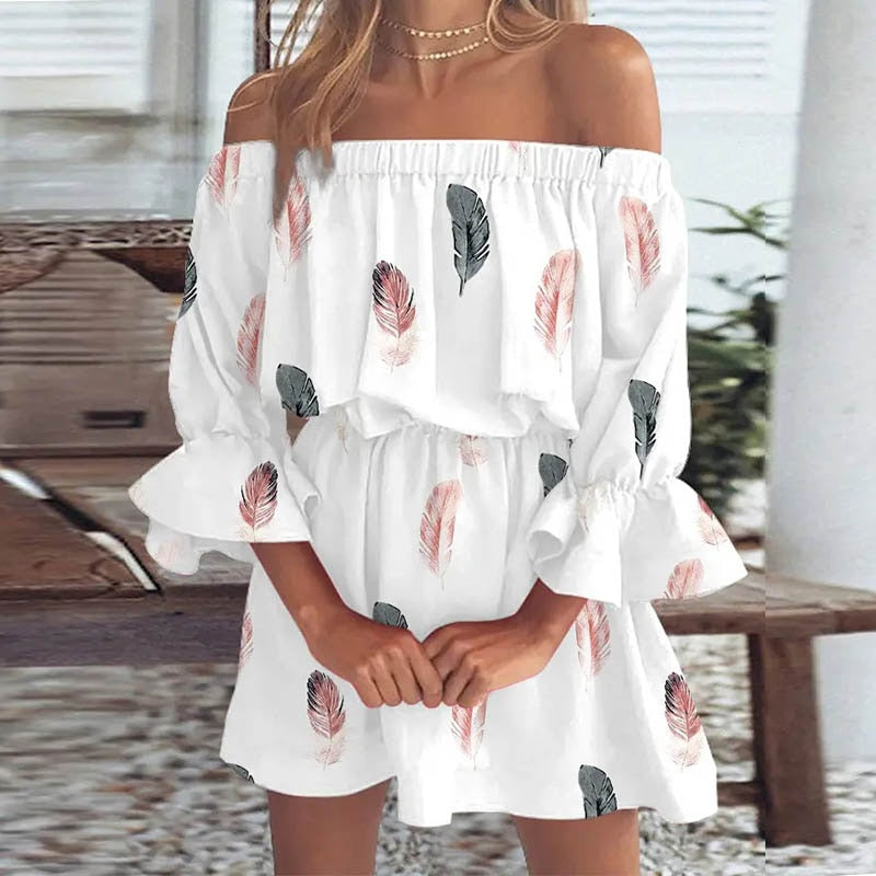 Women’s Off Shoulder Leaf Print Mini Dress