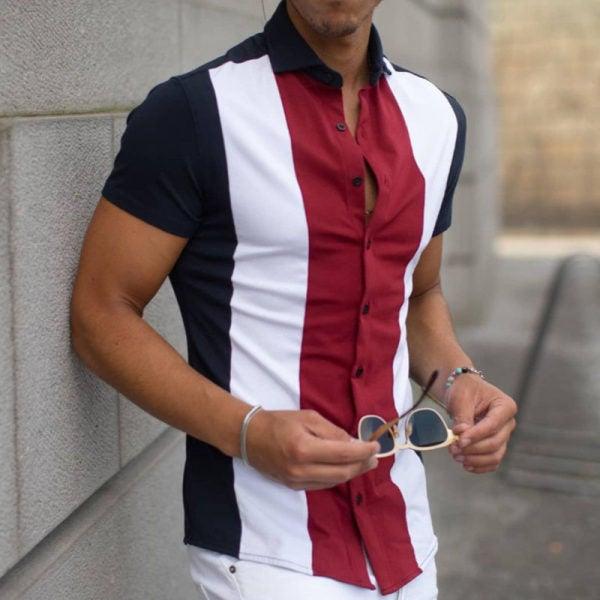 Striped Mens Color Block Shirt Short Sleeve