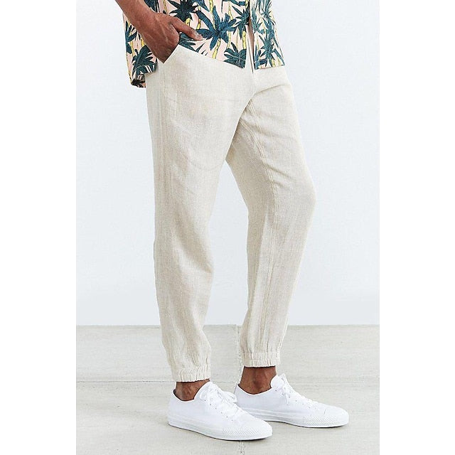Men's Linen white Casual Drawstring Pants