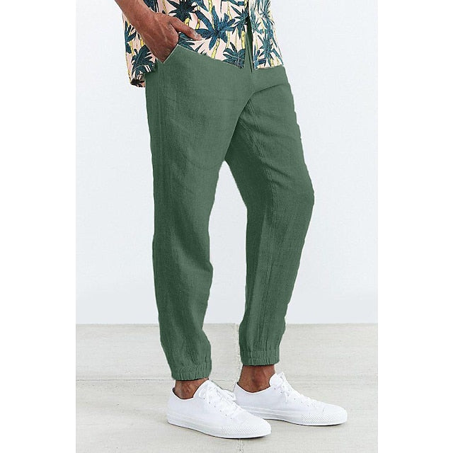 Men's Linen green Casual Drawstring Pants